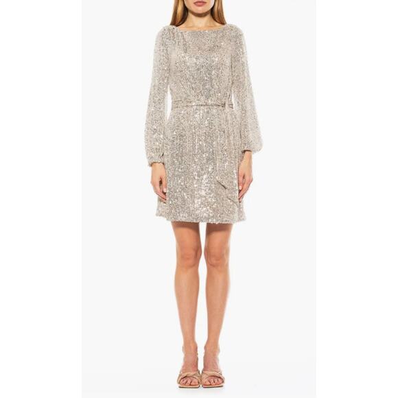 Alexia Admor Val Sequined Shift Dress Silver Mini Long Sleeve Belt Cocktail L - Picture 2 of 8